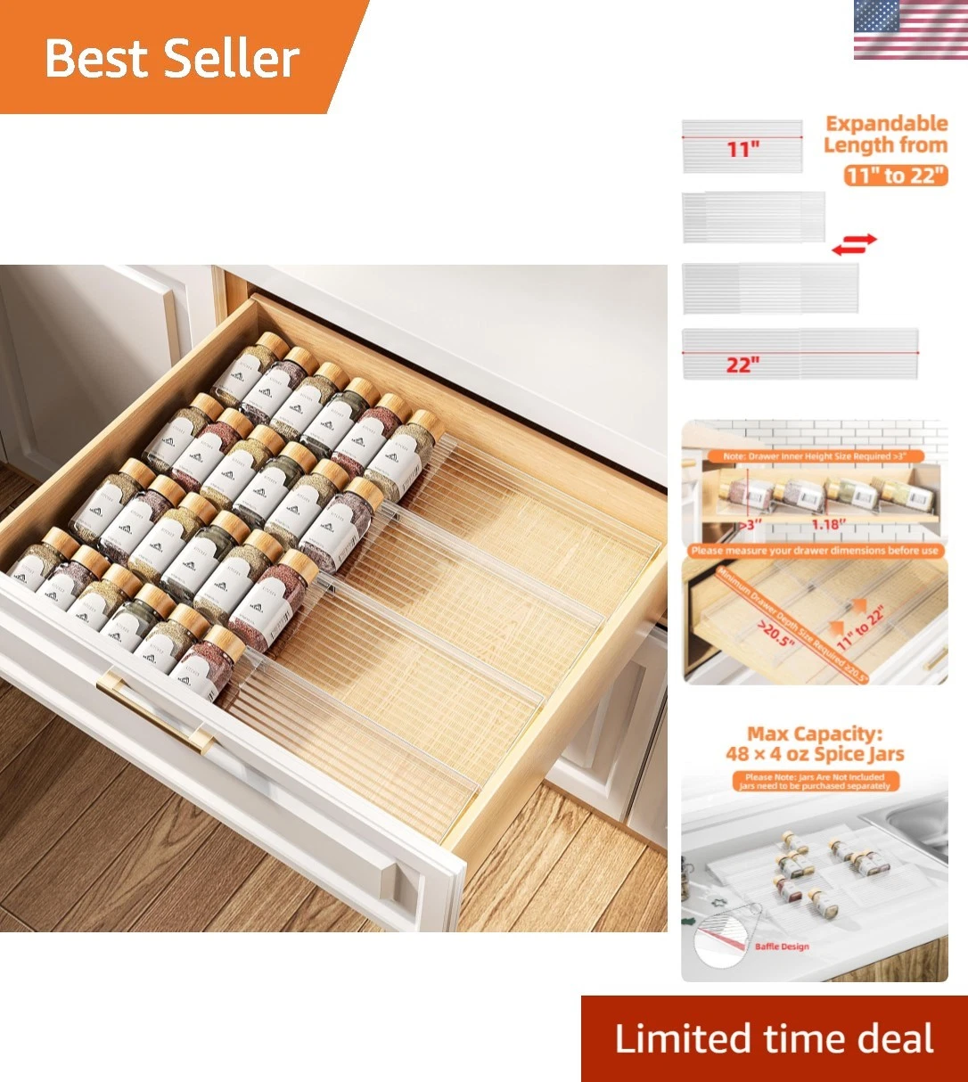 Clear Spice Drawer Organizer, 4 Tier- 2 Set 8 Packs Spice Rack for Drawer, Ex...