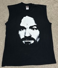 Vintage Charles Manson Face Black Shirt XL Fruit Loom Helter Skelter Cut Off 90s
