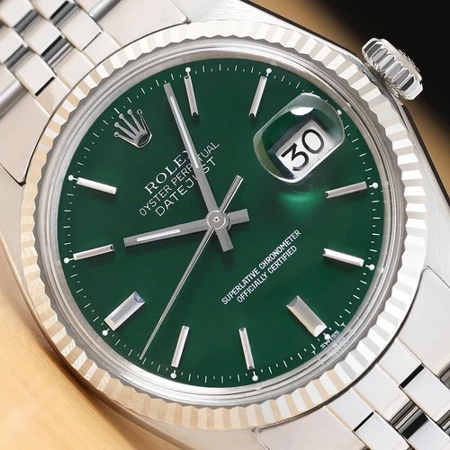 ROLEX DATEJUST 1601 GREEN DIAL 18K WHITE GOLD STEEL FOLDED BRACELET WATCH