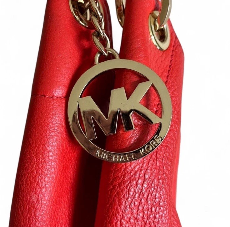 Michael Kors Pebbled Leather Red Orange Hobo Shoulder Bag Tassels Gold Hardware - Image 2 of 4