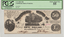 T-14 1861 $50 Confederate Note PCGS Choice AU 55