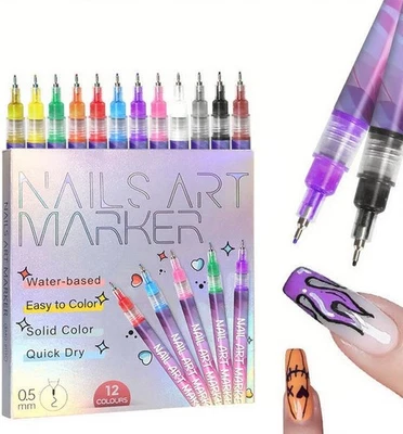 12 Colours Nail Art Pens Set 0.5mm Fine Tip Quick Dry Markers for Nail Design Uk