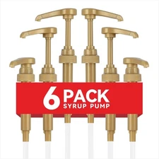 6 Pack Gold Coffee Syrup Pumps, Premium, Fits 750ml Torani, Davinci Syrup Bottle