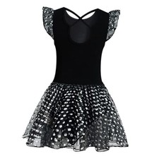 Girls' Flutter Sleeve Criss-Cross Back Dance 3T Black Silver Polka Dots