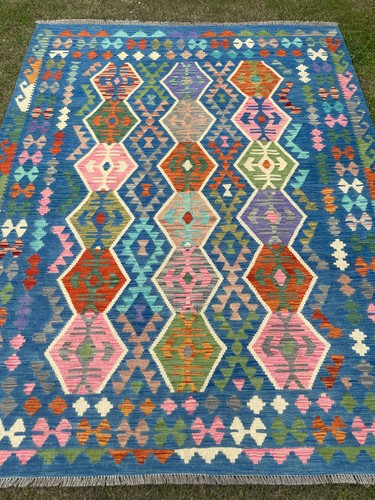 6x8 Blau Bunt Türkisch Geometrisch Wolle Kelim Traditionell Modern Turkmenisch Teppich - Bild 2 von 10