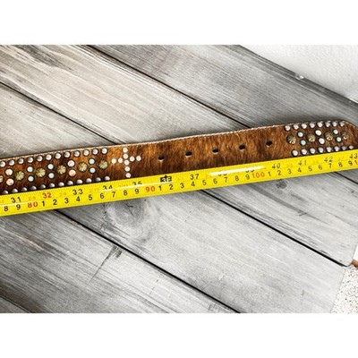 Nocona Belt Large Brown Leather Hair Hide Studded Cross Belt  display picture 2