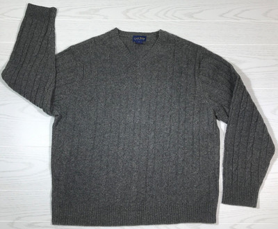 Vintage Lambswool Cable Knit Sweater Men XL Gray Macys Club Room V-Neck Y2K