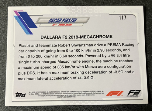 Black White RayWave Oscar Piastri #117 Prema - 2021 Topps Chrome Formula 1 F1 F2 - Afbeelding 2 van 2