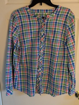 Talbots Women's Blouse XL Button Up Shirt Plaid Green Blue Pink White Ruffle Top