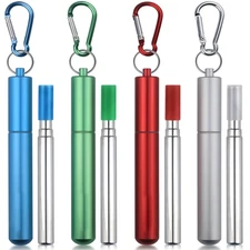Foldable Drinking Straws 4 Pack, Stainless Steel, Reusable, Keychain, Multicolor
