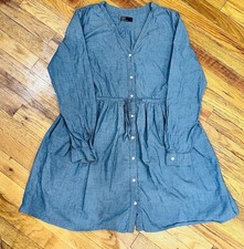 Gap Womens Blue Chambray Long Sleeve Drawstring Shirt Dress 8 Pockets V Neck