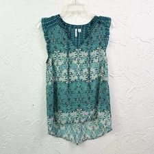 Elle Blue Printed Cap Sleeve Keyhole High Low Sheer Blouse Size Small