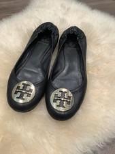 Tory Burch Women Size 8 Ballet Flats Black Leather w/ Gold Tone Medallion
