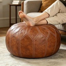Round Unstuffed Pouf Cover Faux Leather Storage Ottoman Foot Stool Brown