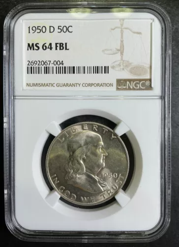 NGC MS64 FBL 1950-D Franklin Half Dollar FULL BELL LINES MS BU FROSTY CHOICE 13