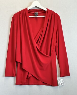 Clara Sun Woo Women s Sz Large Red Crossover Stretch Wrap Top Blouse NWT