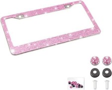 Pink Crystal License Plate Frame Stainless Steel Bling Car Tag Cover