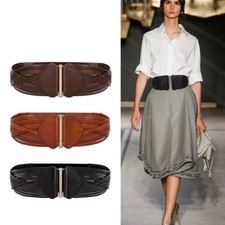Women Real Leather Braided Waist Belt Gold Buckle Elastic Stretch Wide Waistband