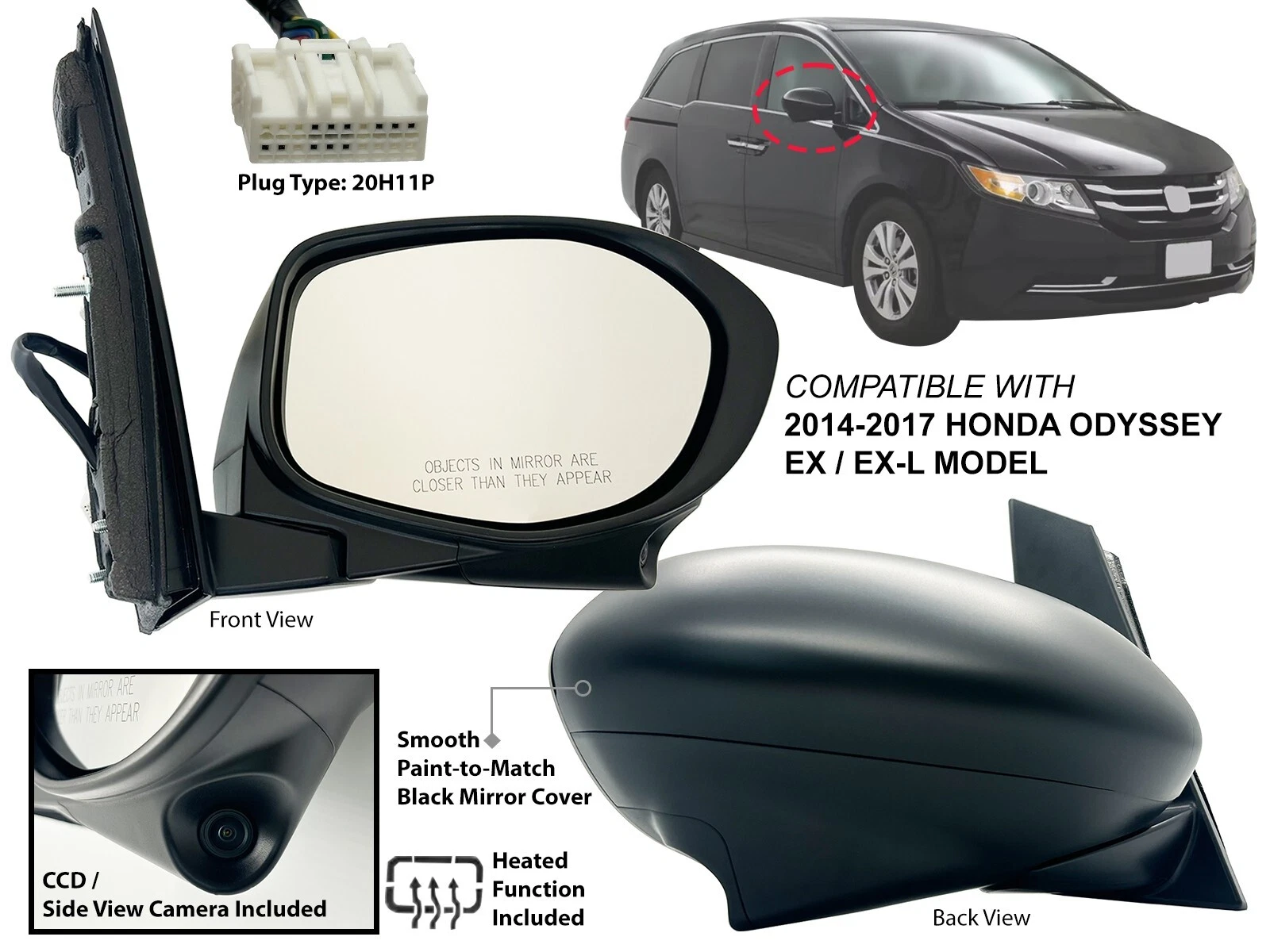 Mirror for 2014-2017 HONDA ODYSSEY EX EX-L Model W/ Camera Heated Passenger Side