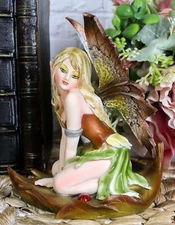 Ebros Autumn Fall Fairy Resting On Fig Leaf Statue 5" Tall Fall Season FAE Pixie