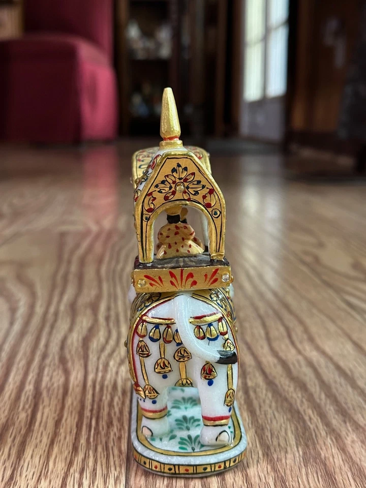 RARE GOLD LEAF ROYAL ELEPHANT PALKI WHITE MARBLE STATUE MADE IN JAIPUR INDIA - Image 2 of 4