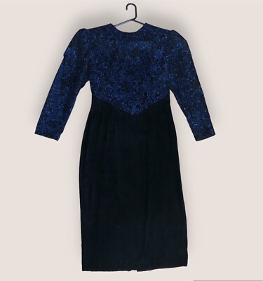 VTG 80s Scott McClintock Formal Dress Black Velvet Navy Glitter Open Back 8  | eBay