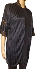 Vtg Fredricks of Hollywood Black Lace Satin Subtle Stripes Short Robe Size L