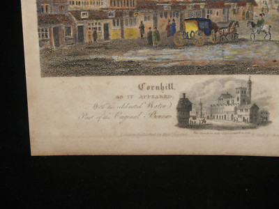 ANTIQUE HAND COLORED ENGRAVING CORNHILL LONDON ROYAL EXCHANGE 1650