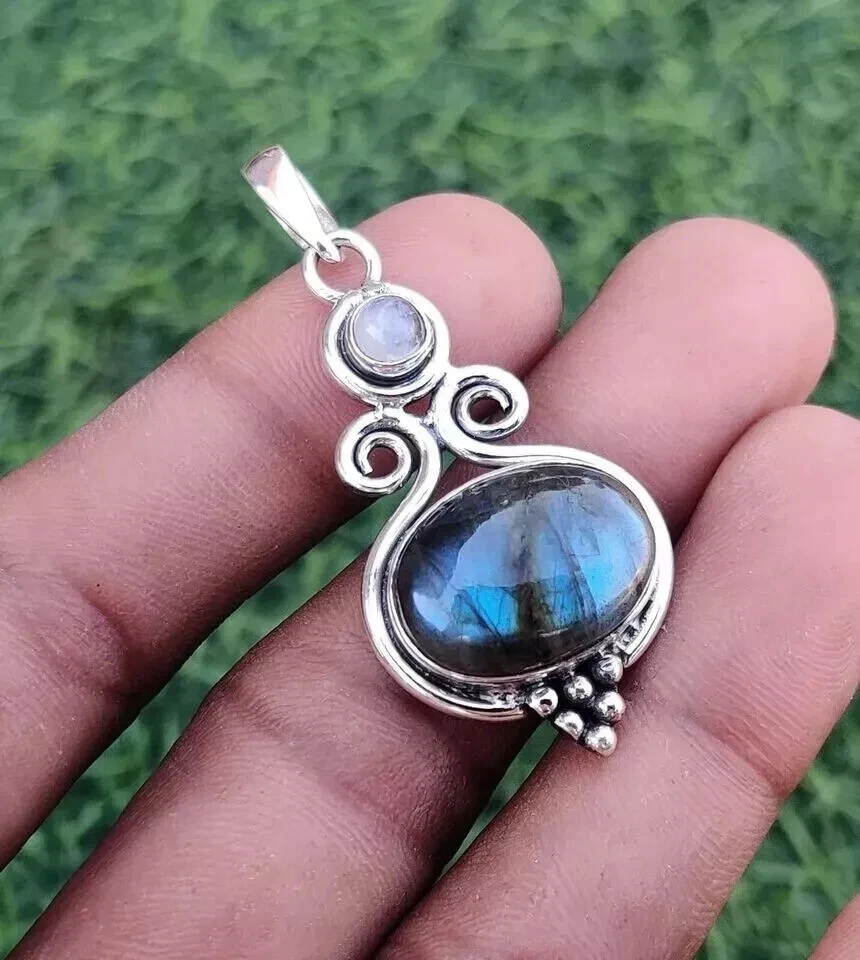 Colgante de mujer hecho a mano de plata de ley 925 con piedras preciosas de piedra lunar y labradorita SD22 Foto 2 de 4