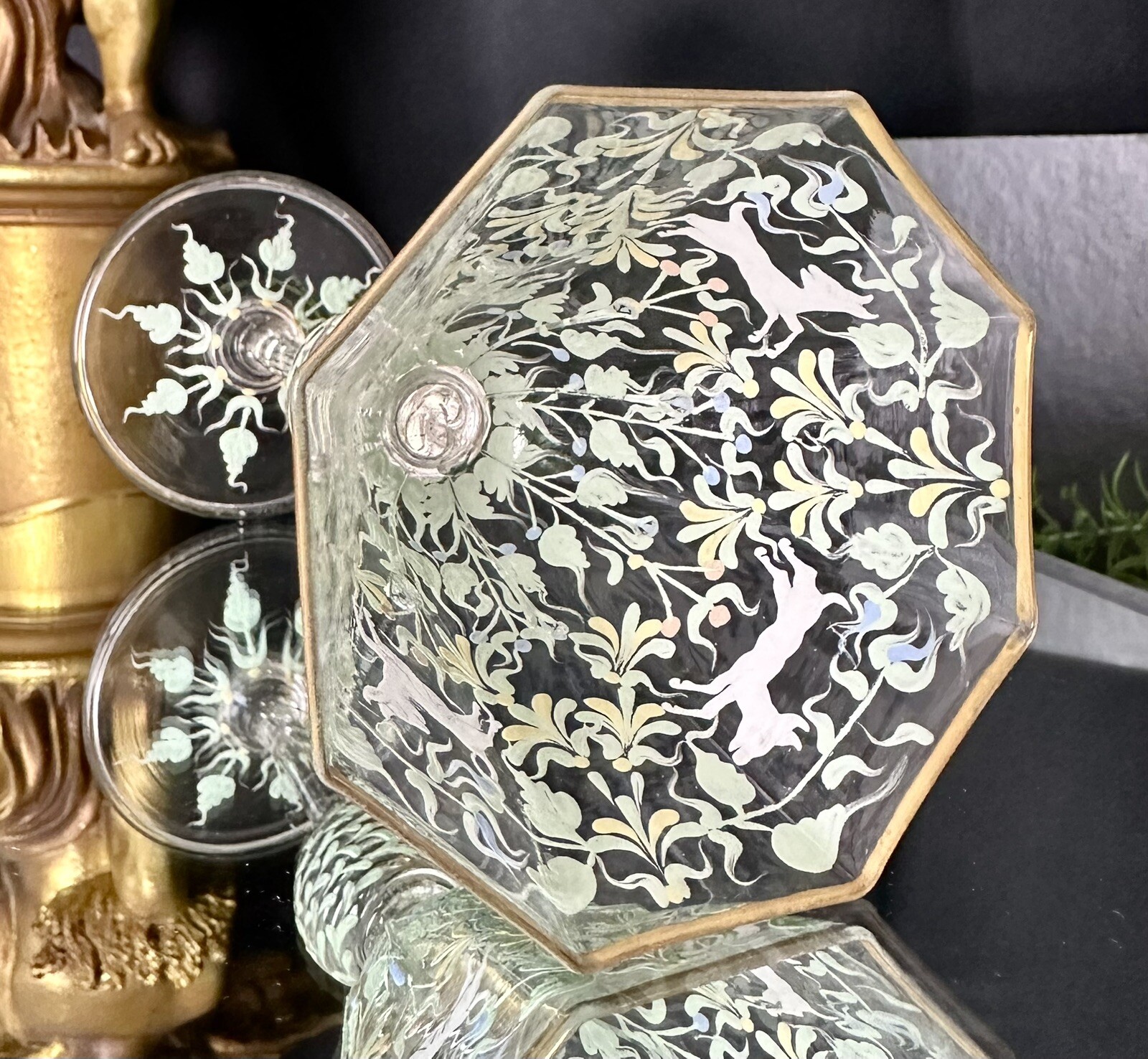 Moser Salvati Canine & Foliate Wine Glass Enameled c1900's Antique Gold Trimmed