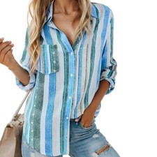 Womens Striped Button Down Shirts Casual Long Sleeve Loose Collared Blouses Tops