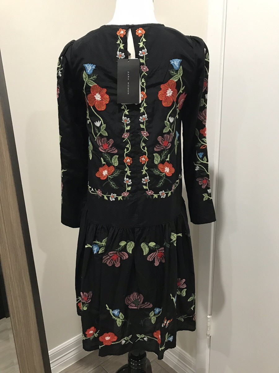 Zara Embroidered Floral Black Dress Size X-small