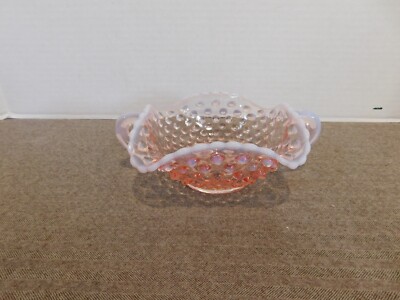 Fenton Handled Cany Dish Pink Opalescent Hobnail