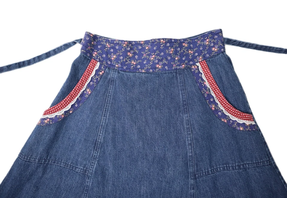 VTG 70s GUNNE SAX Women’s 2 XS Cottage Prairie Denim Lace Floral Jean Midi Skirt - Image 2 of 4