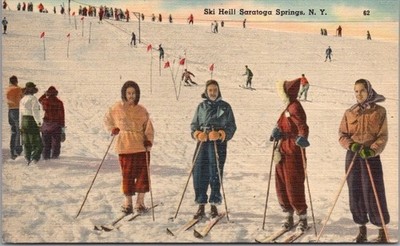 c1940s SARATOGA SPRINGS, New York LINEN Postcard ''Ski Heil!'' Skiing Area Scene