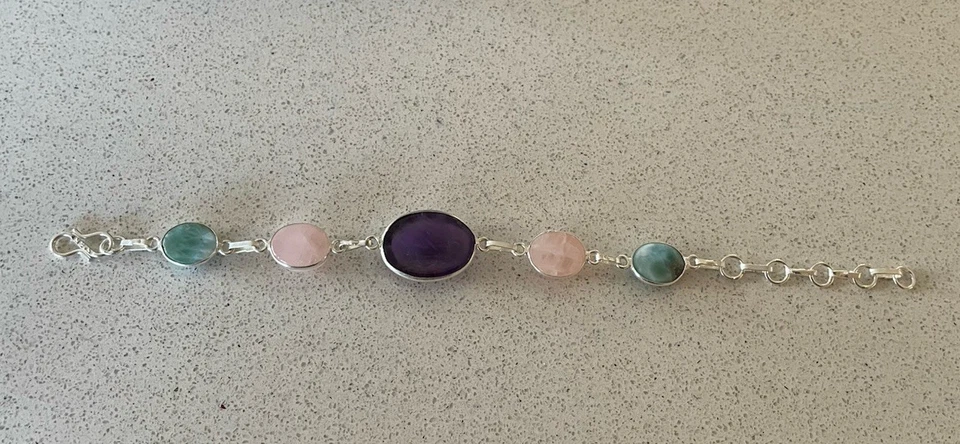 Amethyst Rose Quartz & Larimar Gemstone bracelet 19.5cm - Silver Plated-New - Image 4 of 4