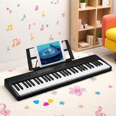 61-Key Folding Semi-Weighted Digital Piano Keyboard - Black Sustain Pedal Mic