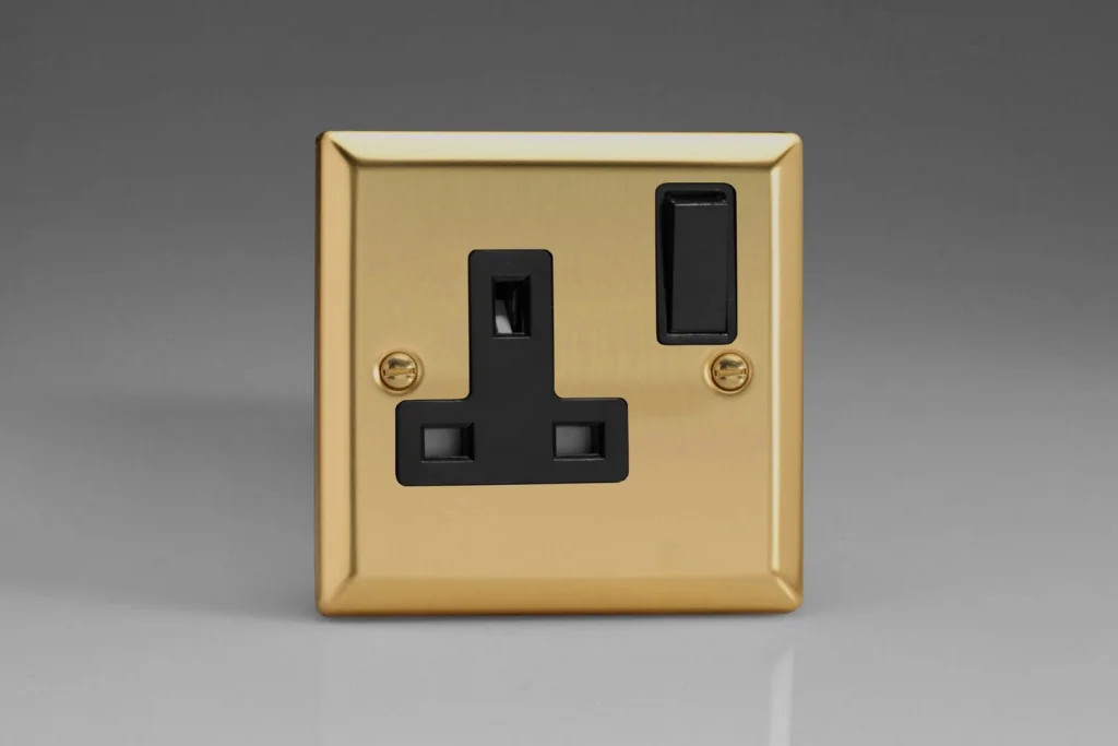 13A Socket Brass 2 Pole Classic Victorian + Black Insert Varilight XV4B