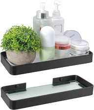 Small Tempered Glass Floating Shelves, 25Cm Black Aluminum Bathroom Shelf with C