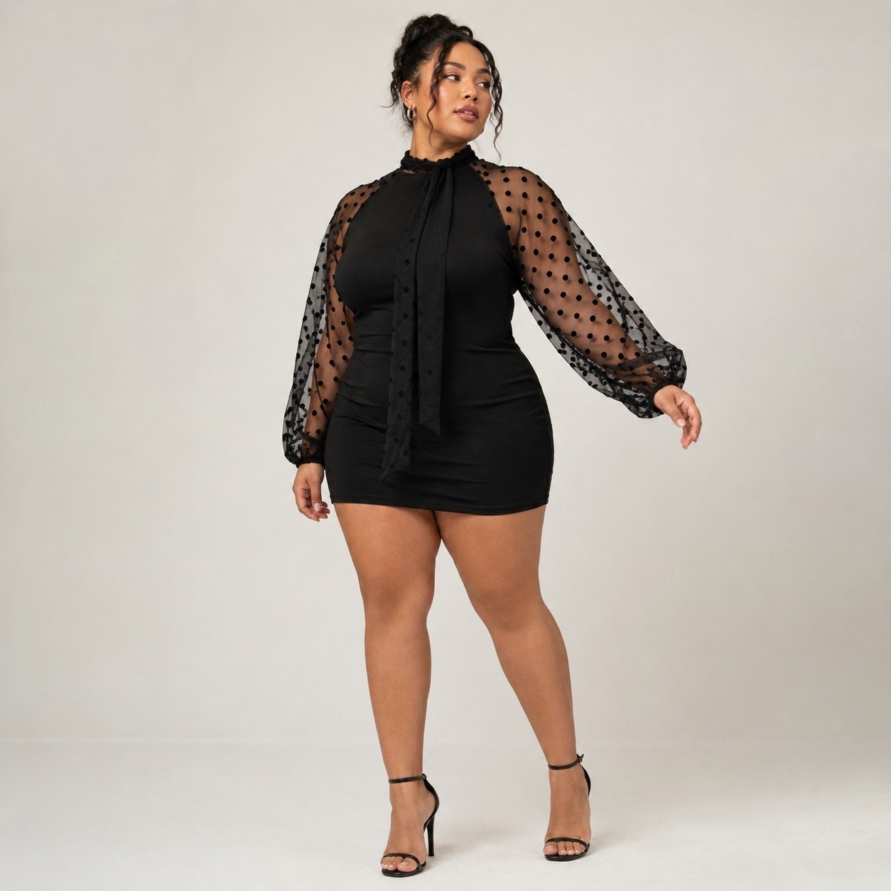 SHEIN Curve 0XL Black Polka Dot Mesh Puff Sleeve Bodycon Mini Dress