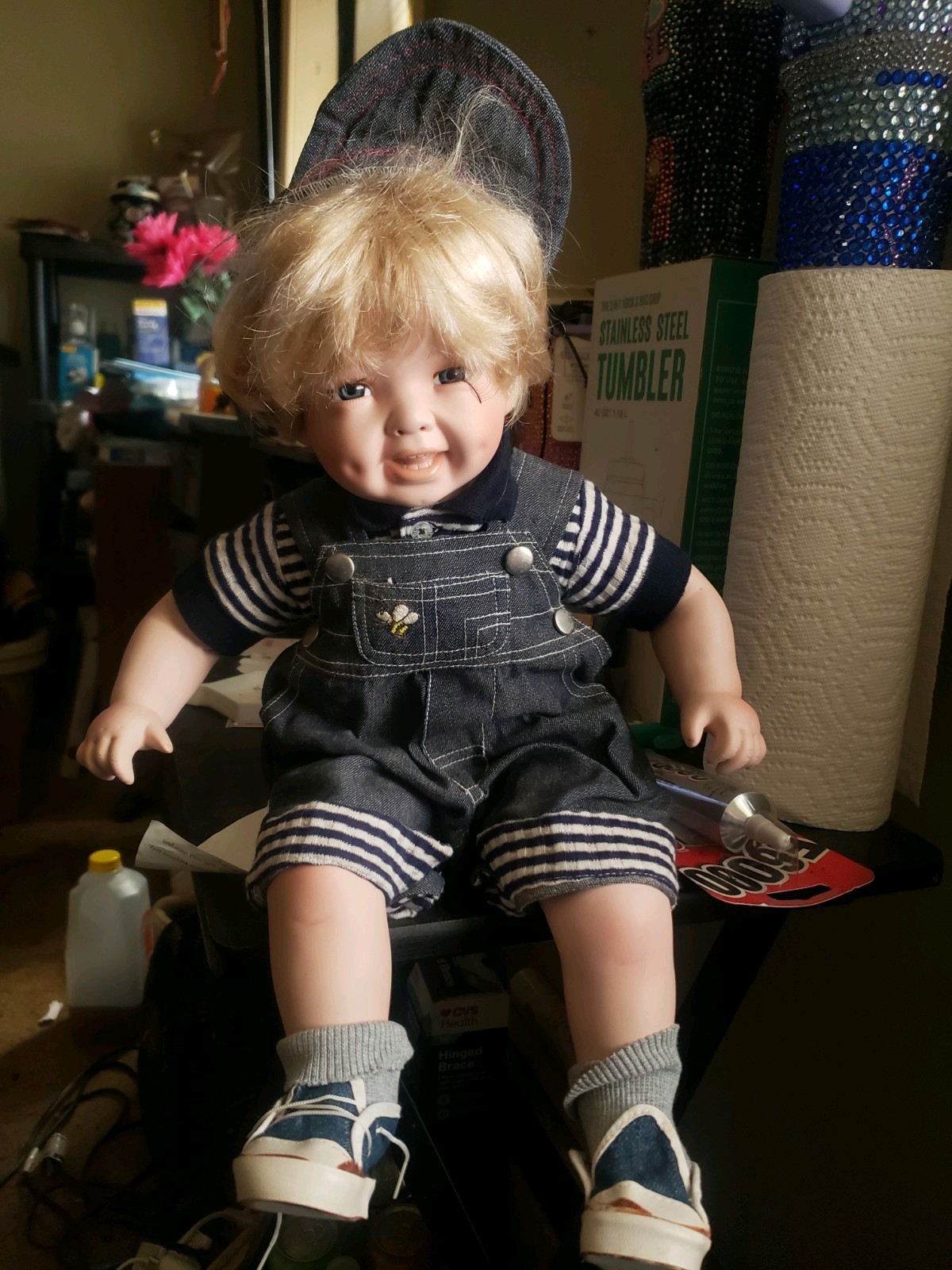 Blonde Wavy Hair Boy Baby Doll in Denim Outfit with Hat and 