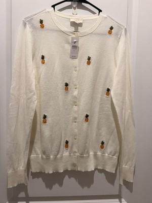 NWT Loft Pineapple Embroidered Cardigan Sweater, Sz M, 100% Cotton 