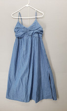 Gap Women Dress L Blue Denim Jean Erin Ruched Midi Silt Sleeveless Casual