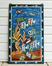 20" x 33.75" Tiffany Style stained glass window panel Fish under sea HF109