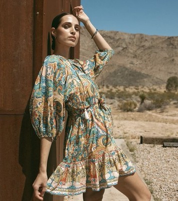 Cleobella Magdalena Mini Dress in Las Palmas Belted Tassel Boho Flare Size M