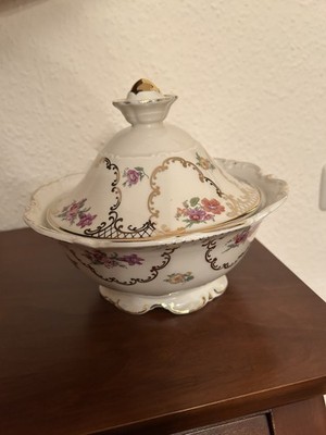 Terrine Porzellan, Höhe Schüssel 9 cm, mit Deckel 18 cm, Durchmesser ca. 21 cm,