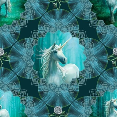 UNICORN MAGIC Anne Stokes Clothworks Magic Medallions Y4710-104 Teal fabric BTHY