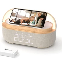Wireless Charger Bluetooth Speaker Alarm Clock with LED Lights , FM Radio