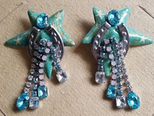 Vtg Lunch at the Ritz '87 Lucky Star Horseshoe Crystal Dangle  Pierced Earrings 