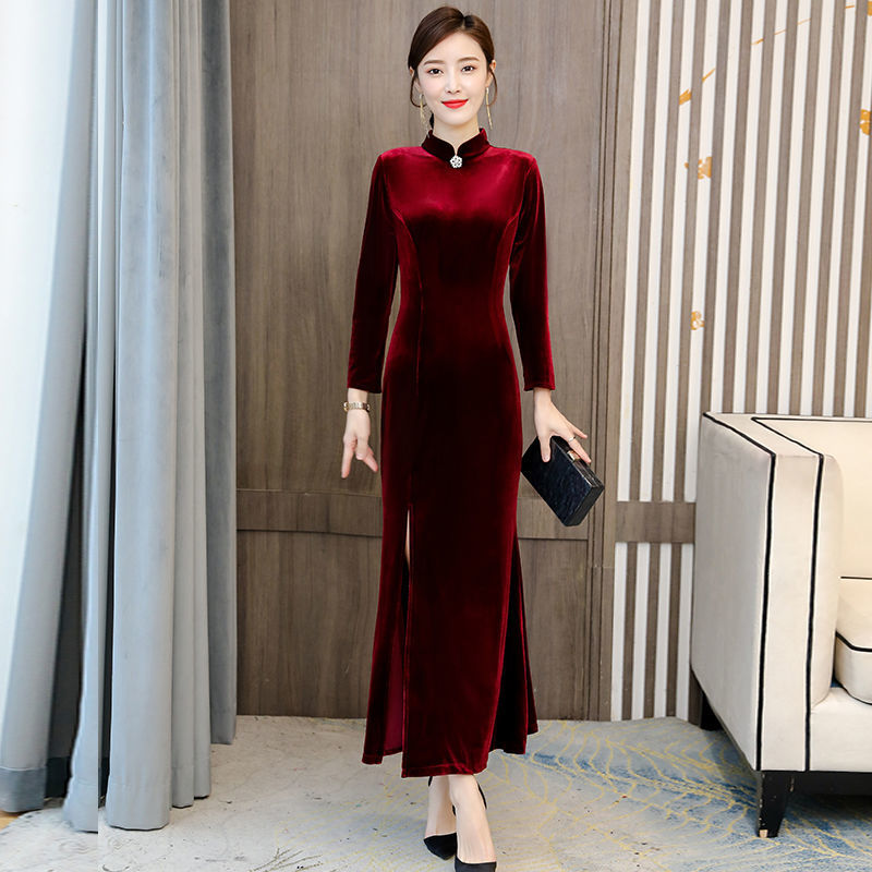 Women Long Velvet Cheongsam Dress Slim Qipao Bodycon 3/4 Women Long Velvet Cheongsam Dress Slim Qipao Bodycon 3/4